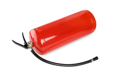 Photo of One red fire extinguisher on white background