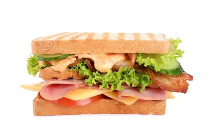 Tasty sandwich with ham and bacon isolated on white