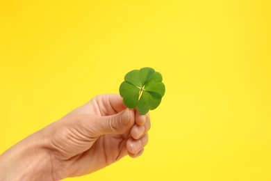 Woman holding beautiful green four leaf clover on yellow background, closeup