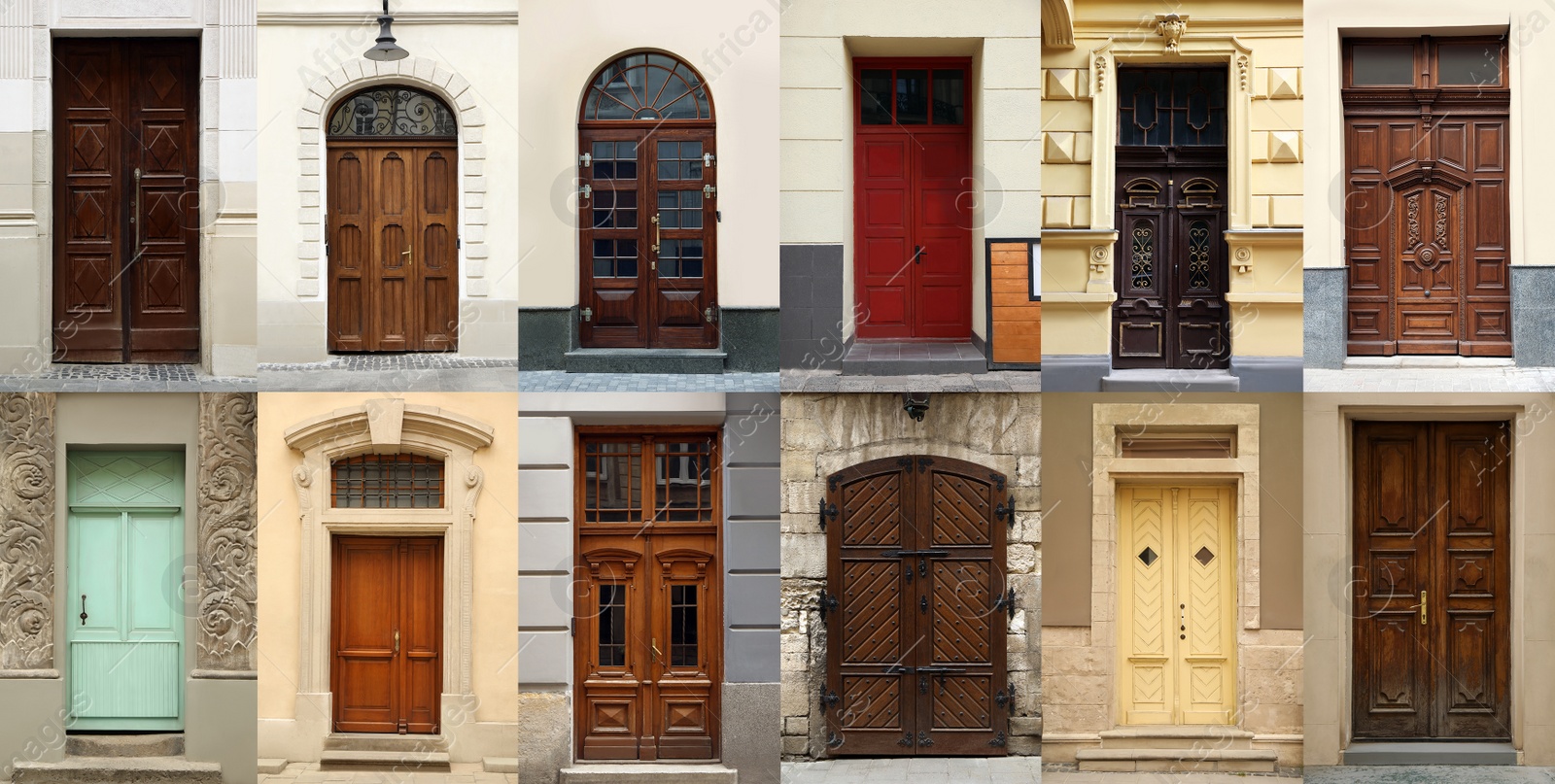 Image of Collage with photos of old buildings with elegant wooden front doors. Banner design