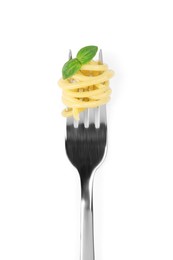 Photo of Fork with tasty pasta and basil isolated on white, top view