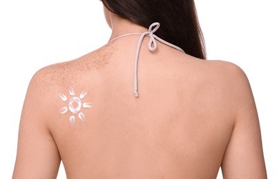 Beautiful young woman with sun protection cream on her back against white background, closeup