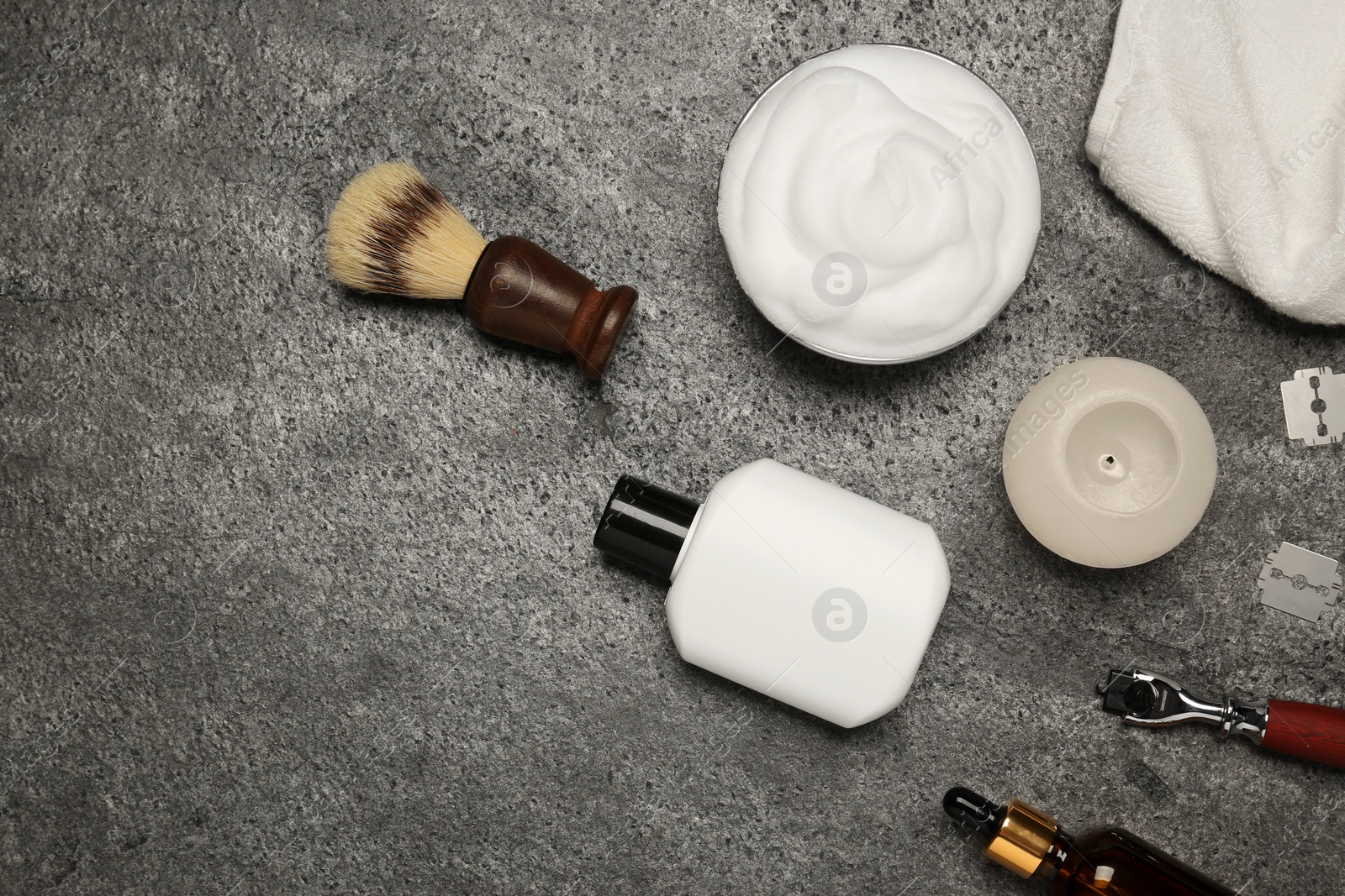 Photo of Flat lay composition with shaving accessories for men on grey table