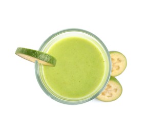 Fresh feijoa smoothie in glass on white background, top view