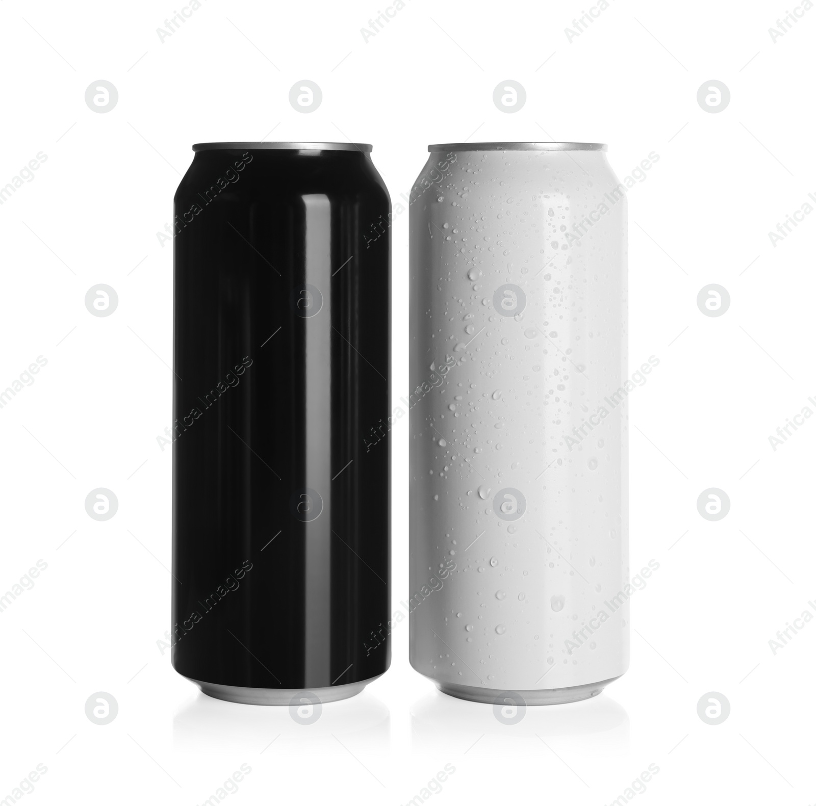 Photo of Aluminum cans with drinks on white background