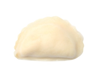 Photo of Tasty boiled dumpling on white background, top view