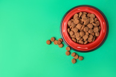 Photo of Dry dog food and feeding bowl on green background, flat lay. Space for text