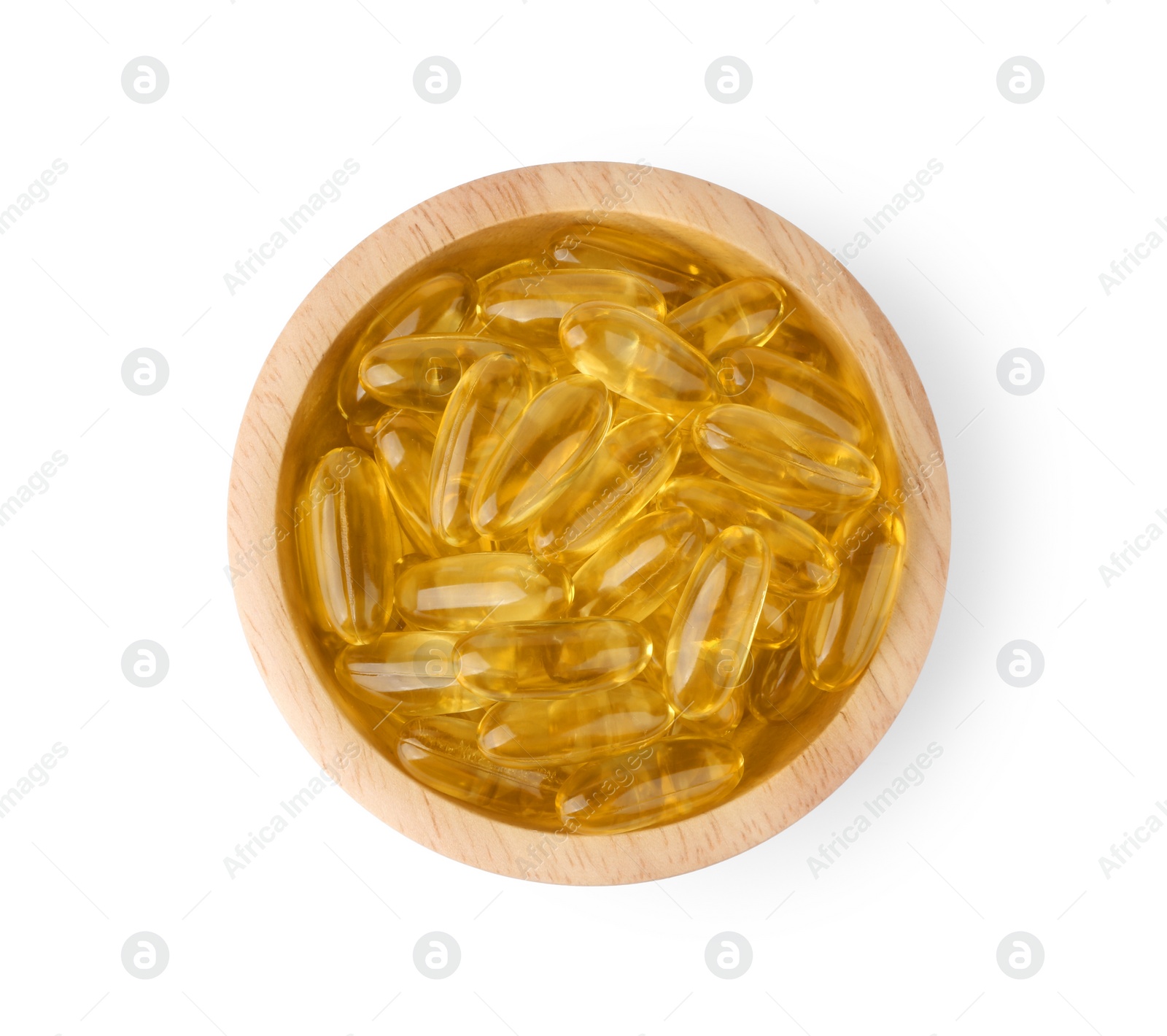 Photo of Vitamin capsules in wooden bowl isolated on white, top view