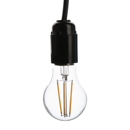 Photo of Hanging incandescent light bulb on white background. Modern lamp