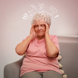 Image of Elderly woman suffering from dementia at home. Illustration of messy thoughts during cognitive impairment