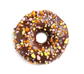 Delicious glazed doughnut with sprinkles on white background