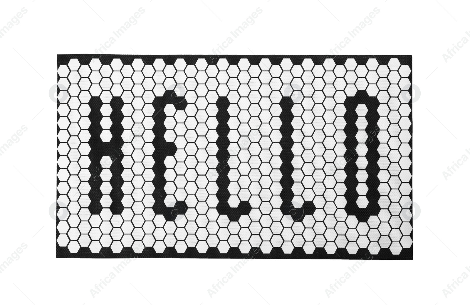 Photo of New clean door mat with word Hello isolated on white, top view