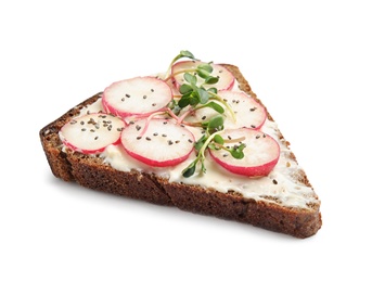 Tasty toast with radish, sprouts and chia seeds on white background