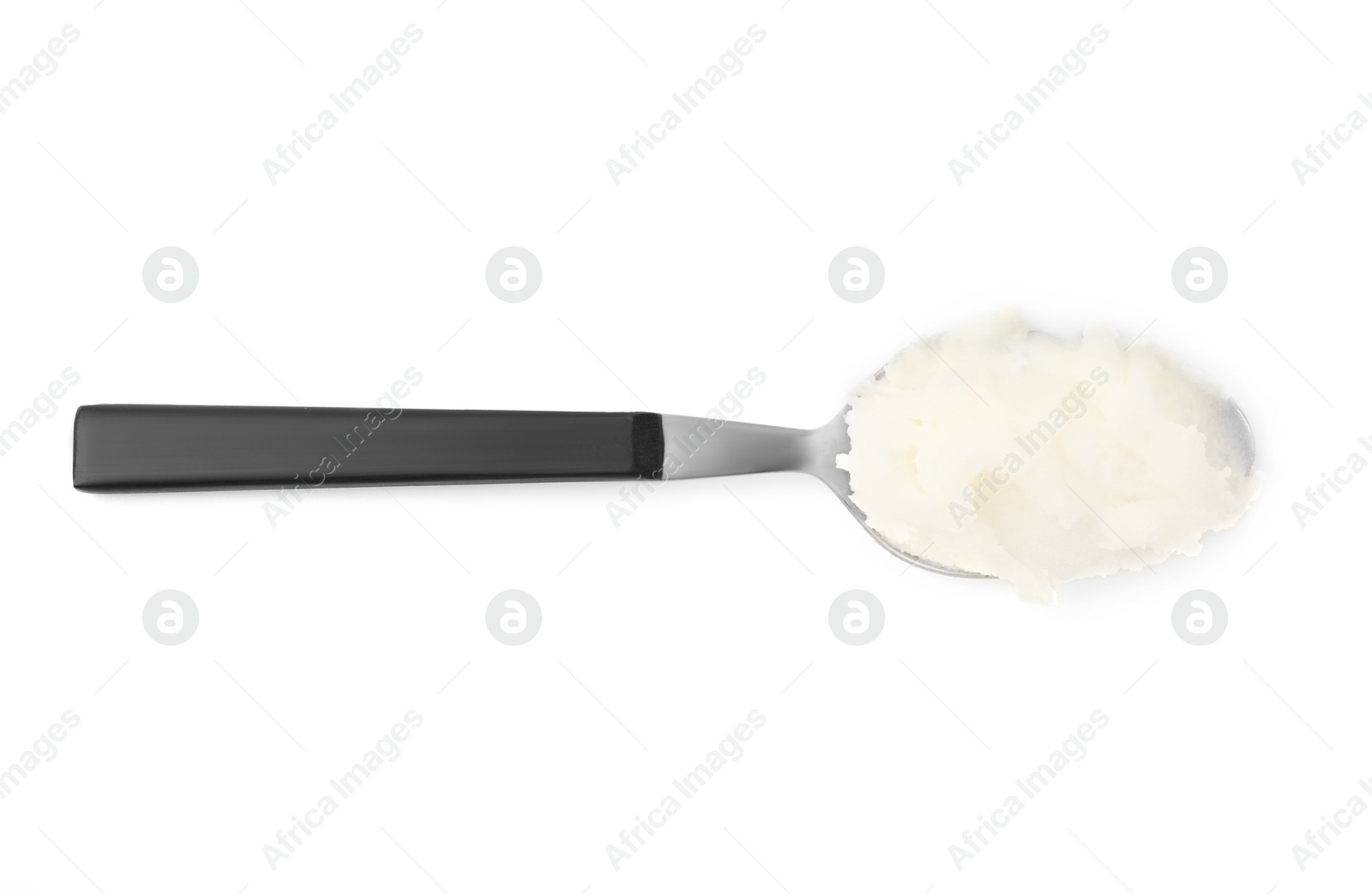 Photo of Spoon with delicious pork lard isolated on white, top view