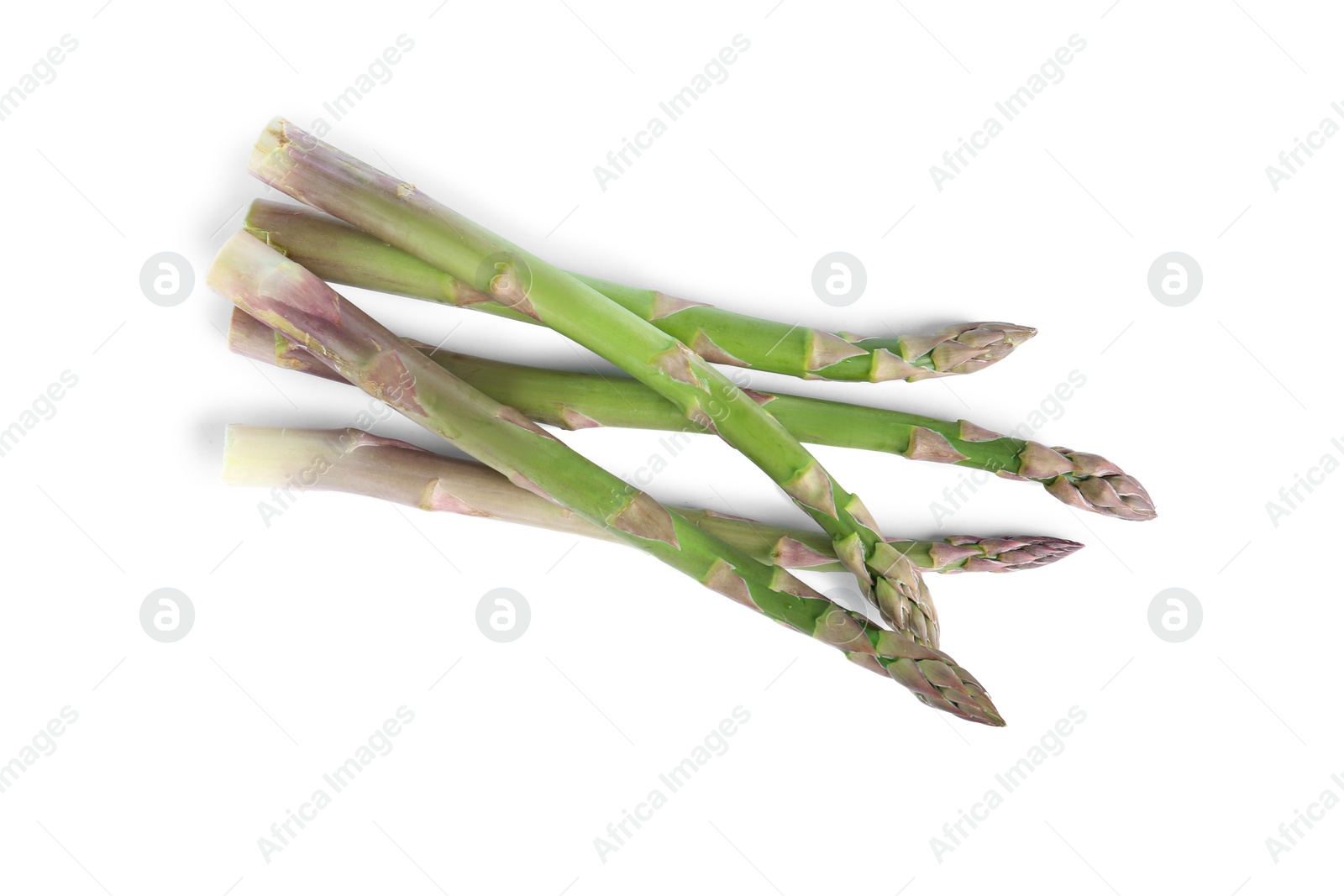 Photo of Fresh raw asparagus isolated on white, top view