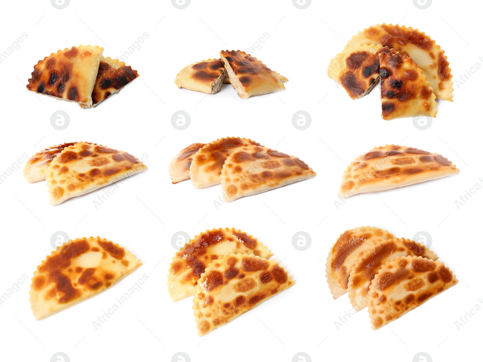 Image of Set with delicious fried chebureki on white background 