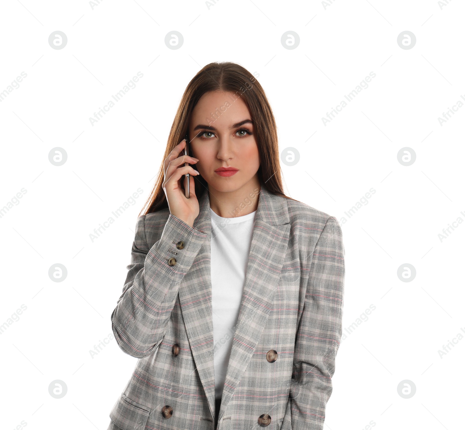 Photo of Young businesswoman with mobile phone on white background