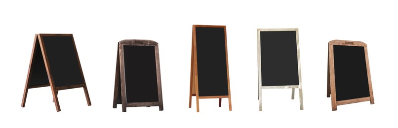Image of Set with blank advertising A-boards on white background, banner design. Mockup for design