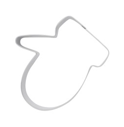 Photo of Mitten shaped cookie cutter on white background, top view