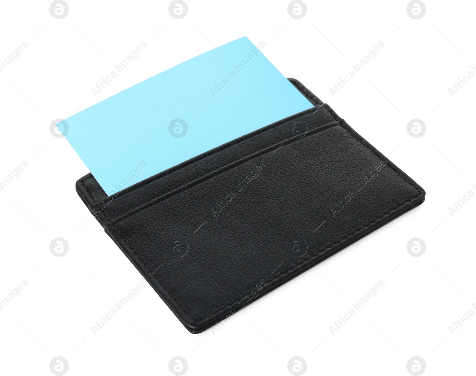 Photo of Black business card holder with blank card isolated on white