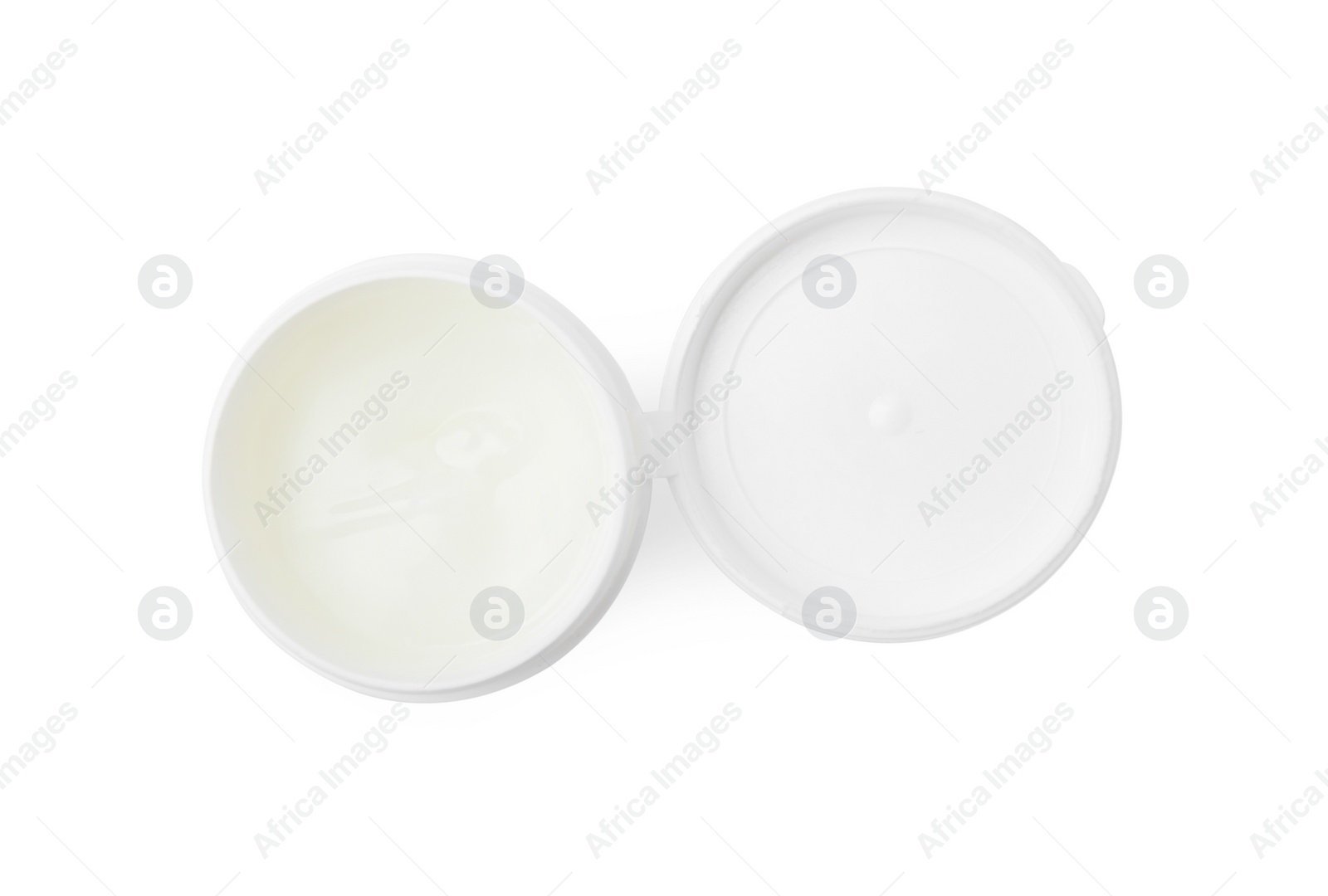 Photo of Jar of petroleum jelly on white background, top view