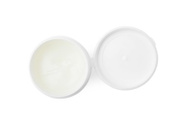 Photo of Jar of petroleum jelly on white background, top view