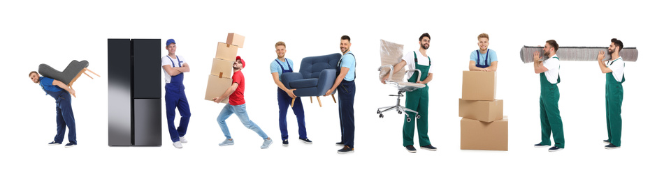 Image of Collage with photos of workers carrying furniture and cardboard boxes on white background, banner design. Moving service