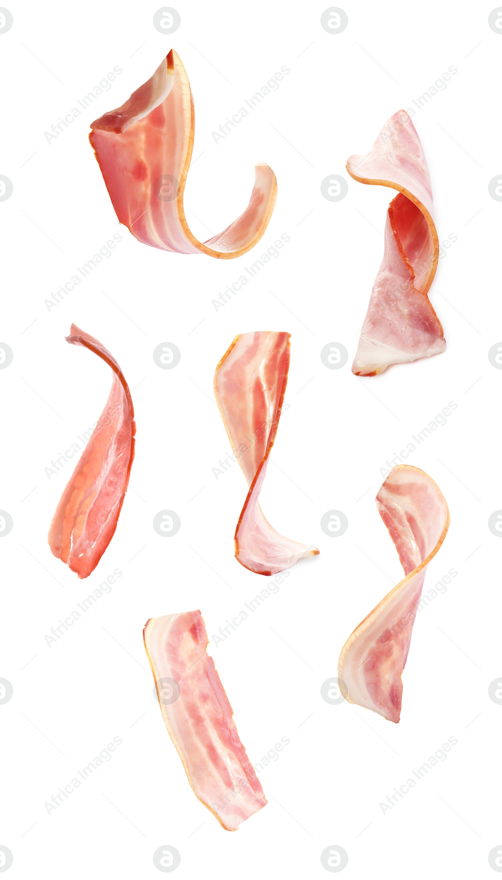 Image of Set with bacon slices on white background