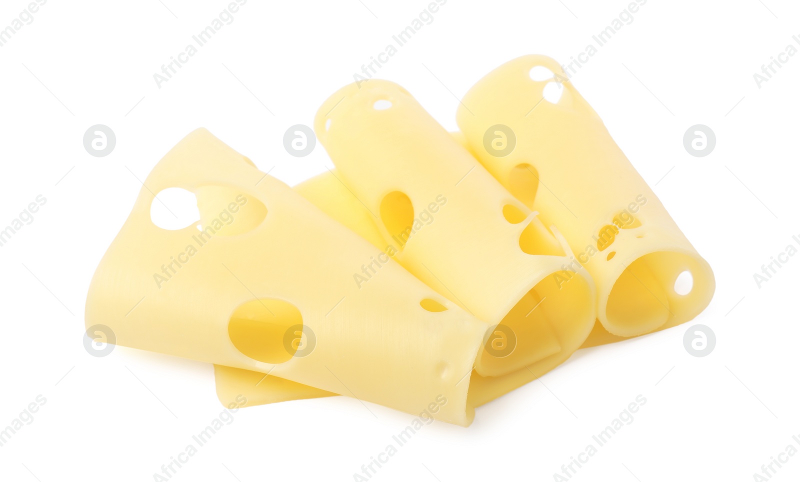 Photo of Slices of tasty fresh cheese isolated on white