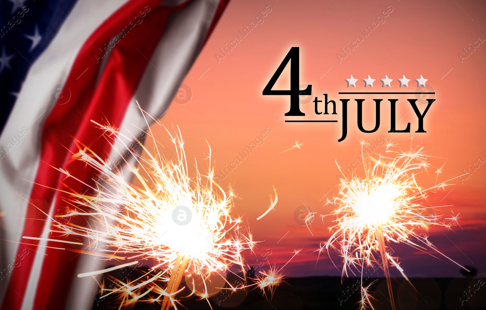 Image of 4th of July - Independence Day of USA. Burning sparkler and American flag outdoors at sunset 