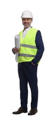 Photo of Architect in hard hat holding draft on white background