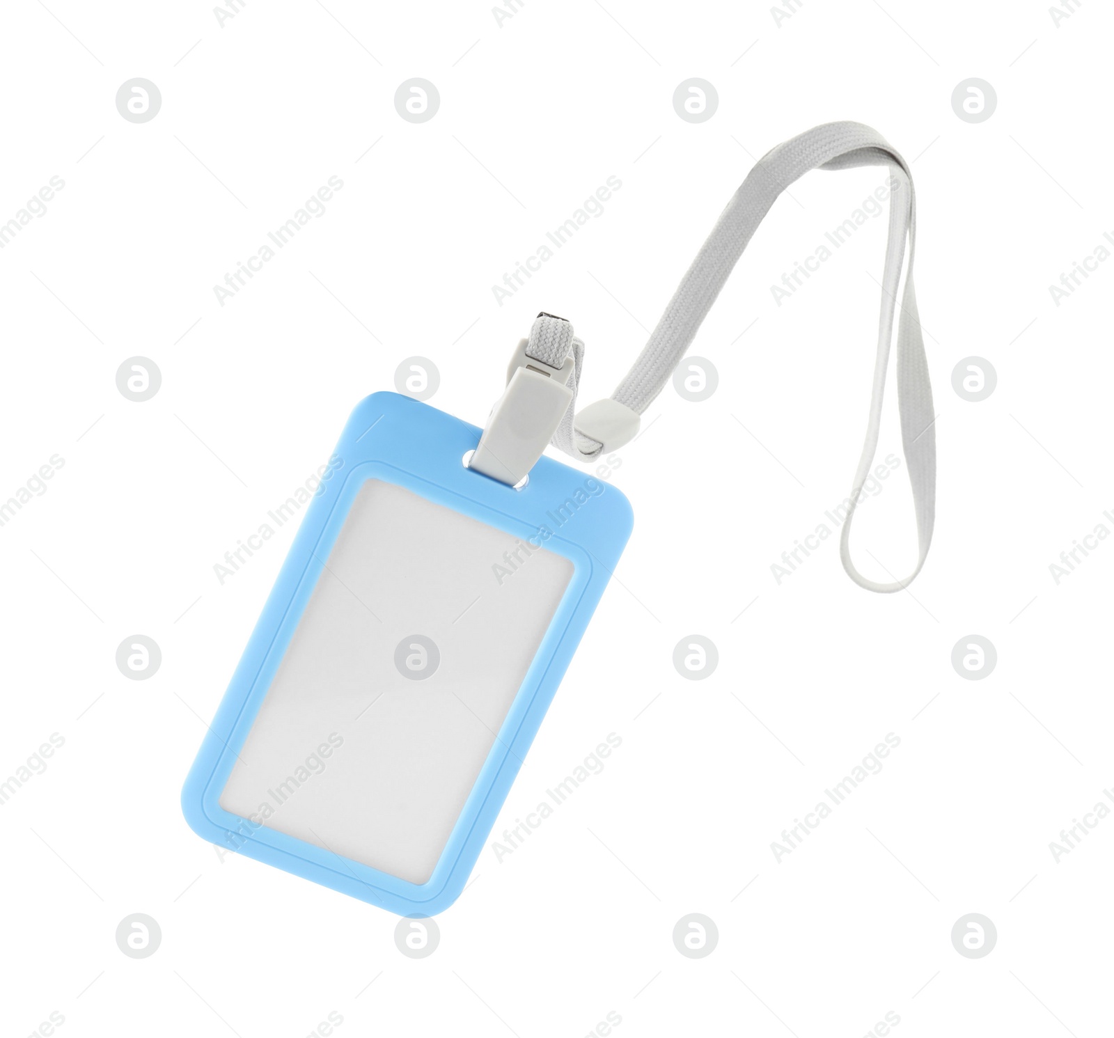 Photo of Blank light blue badge with string isolated on white