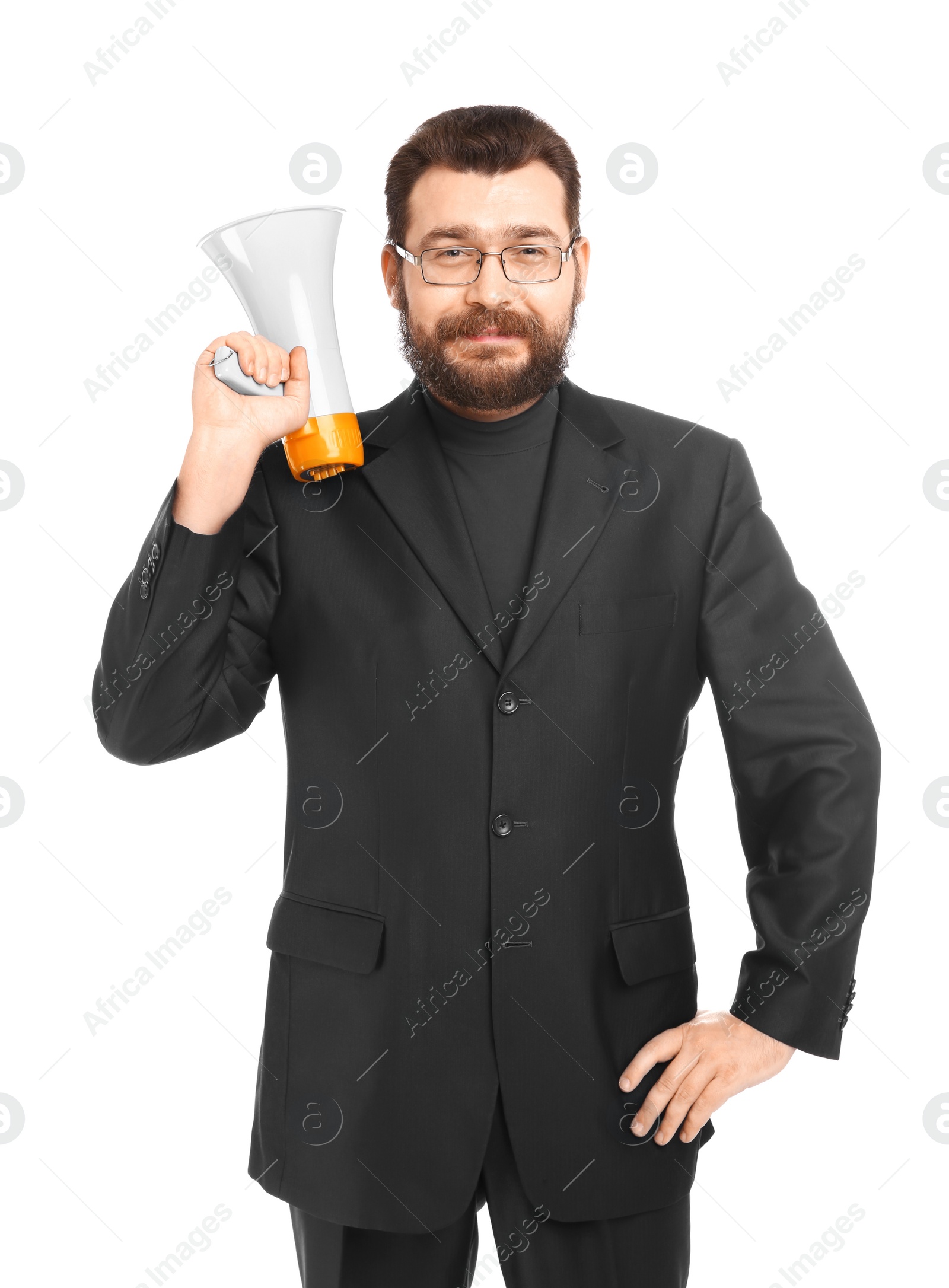 Photo of Businessman with megaphone on white background