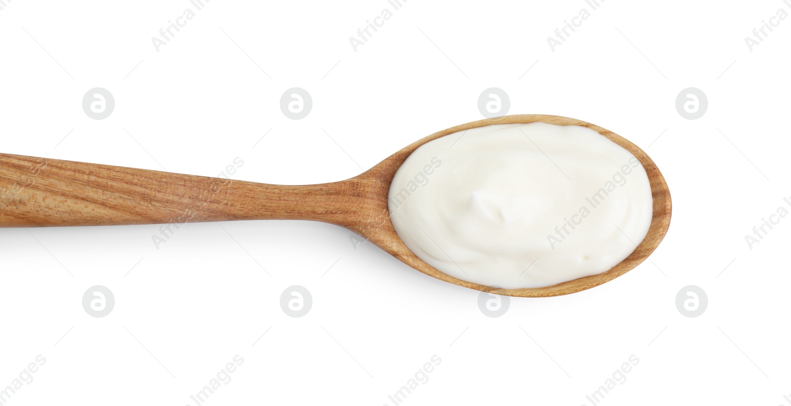 Photo of One wooden spoon with mayonnaise isolated on white, top view