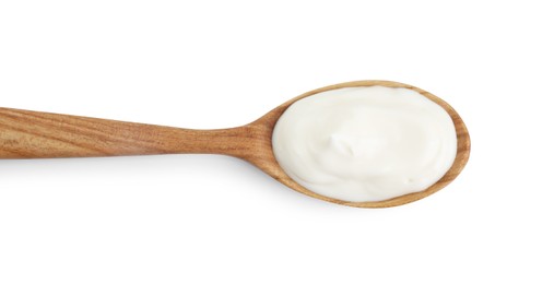 Photo of One wooden spoon with mayonnaise isolated on white, top view