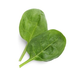 Photo of Fresh leaves of spinach isolated on white, top view