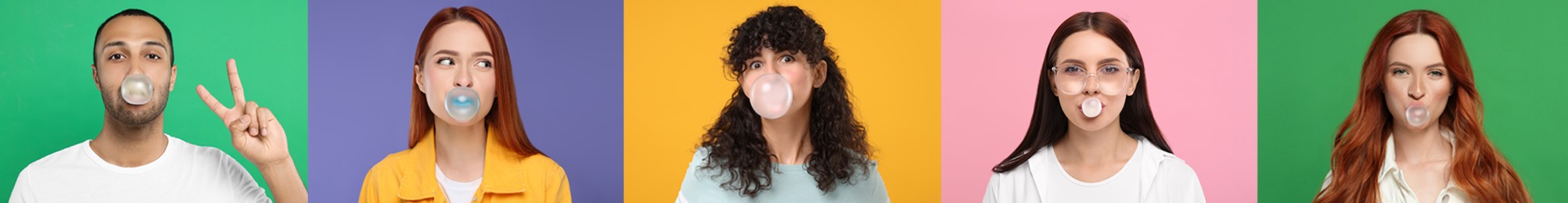 People blowing bubble gums on color backgrounds, set of photos