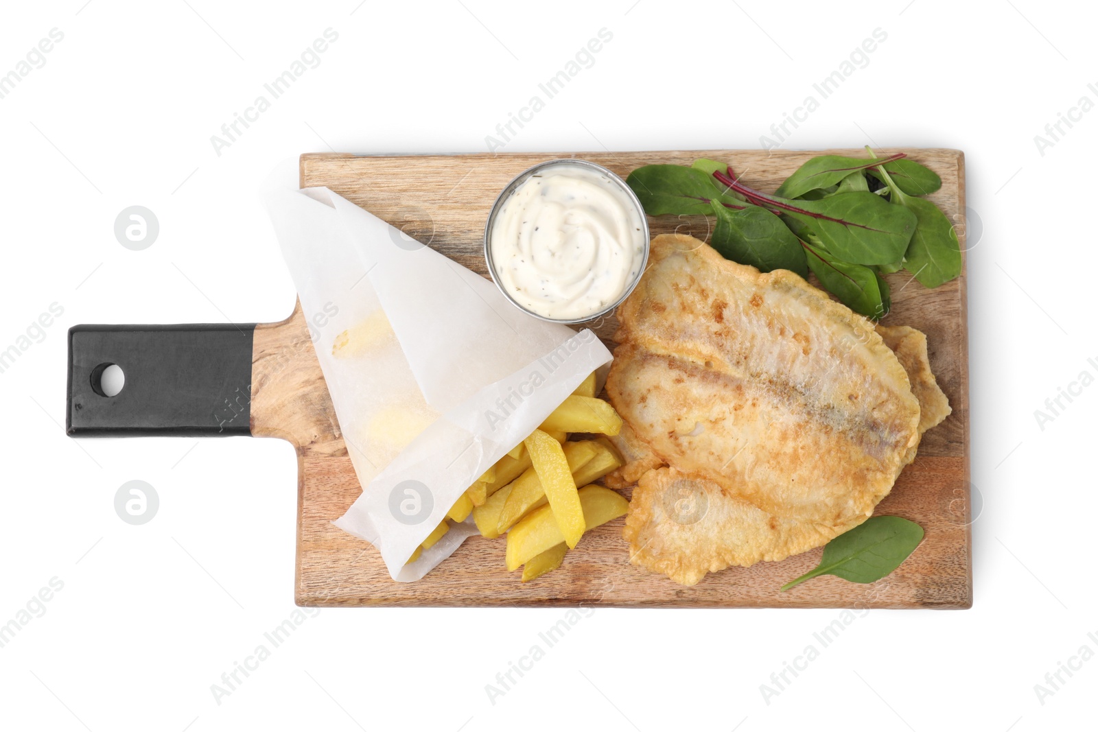 Photo of Delicious fish and chips with tasty sauce and mangold isolated on white, top view