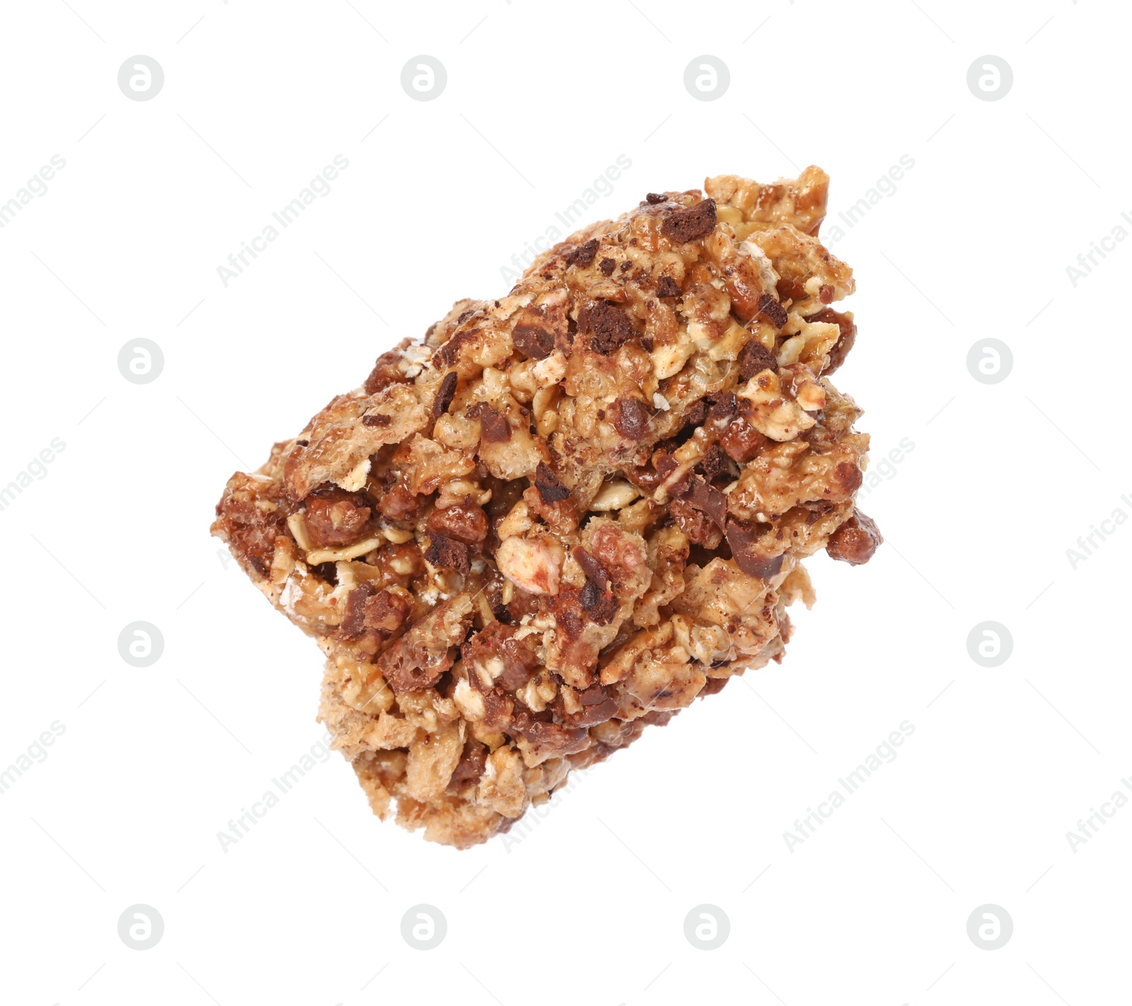 Photo of One piece of tasty granola bar isolated on white