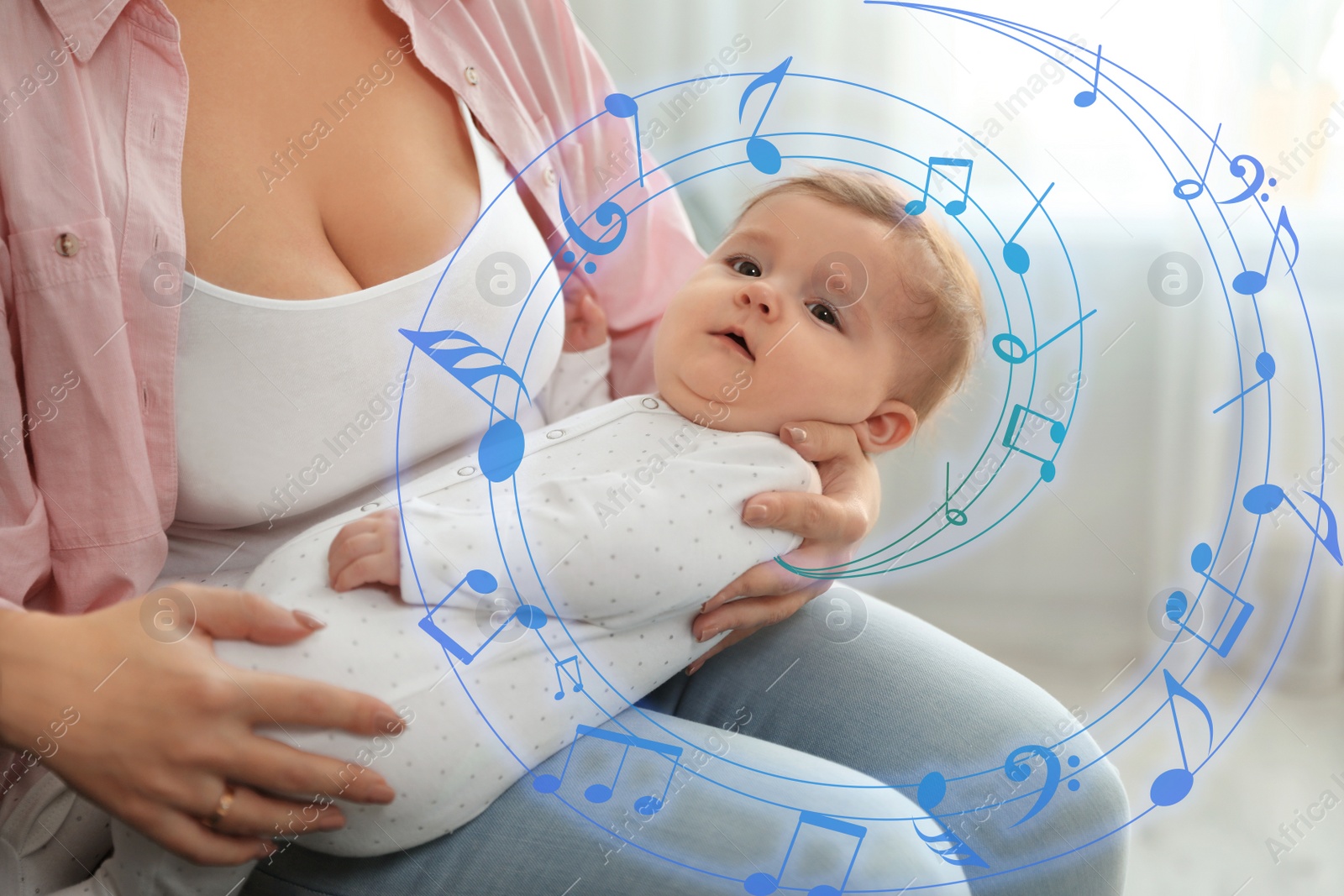 Image of Flying music notes and young woman with her cute baby at home, closeup. Lullaby songs 