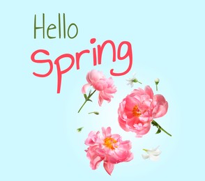 Image of Hello Spring card. Beautiful flowers on light blue background