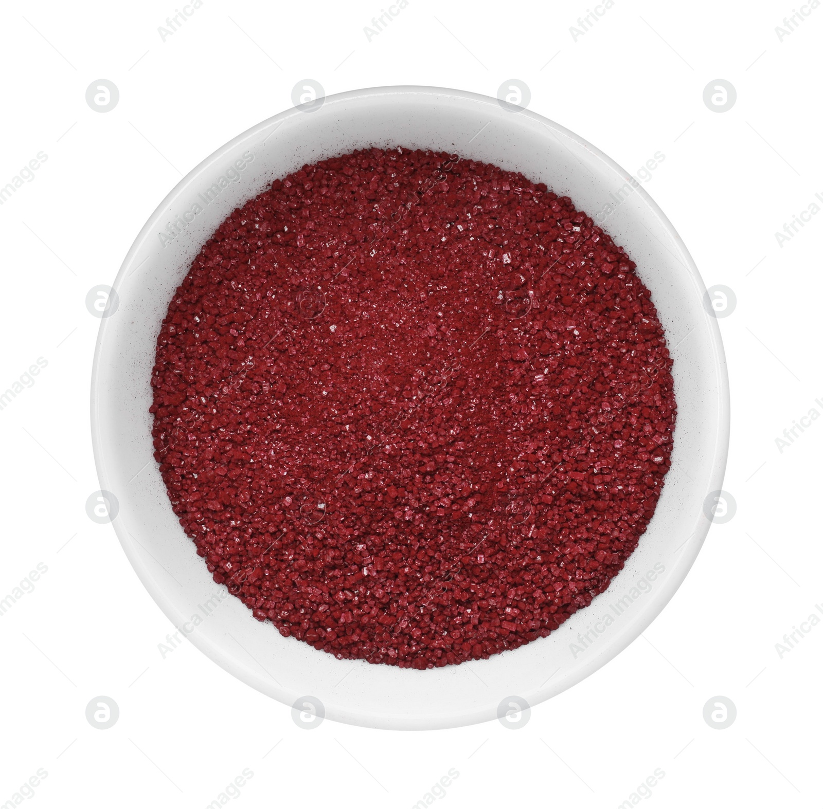 Photo of Bowl with dark red food coloring isolated on white, top view