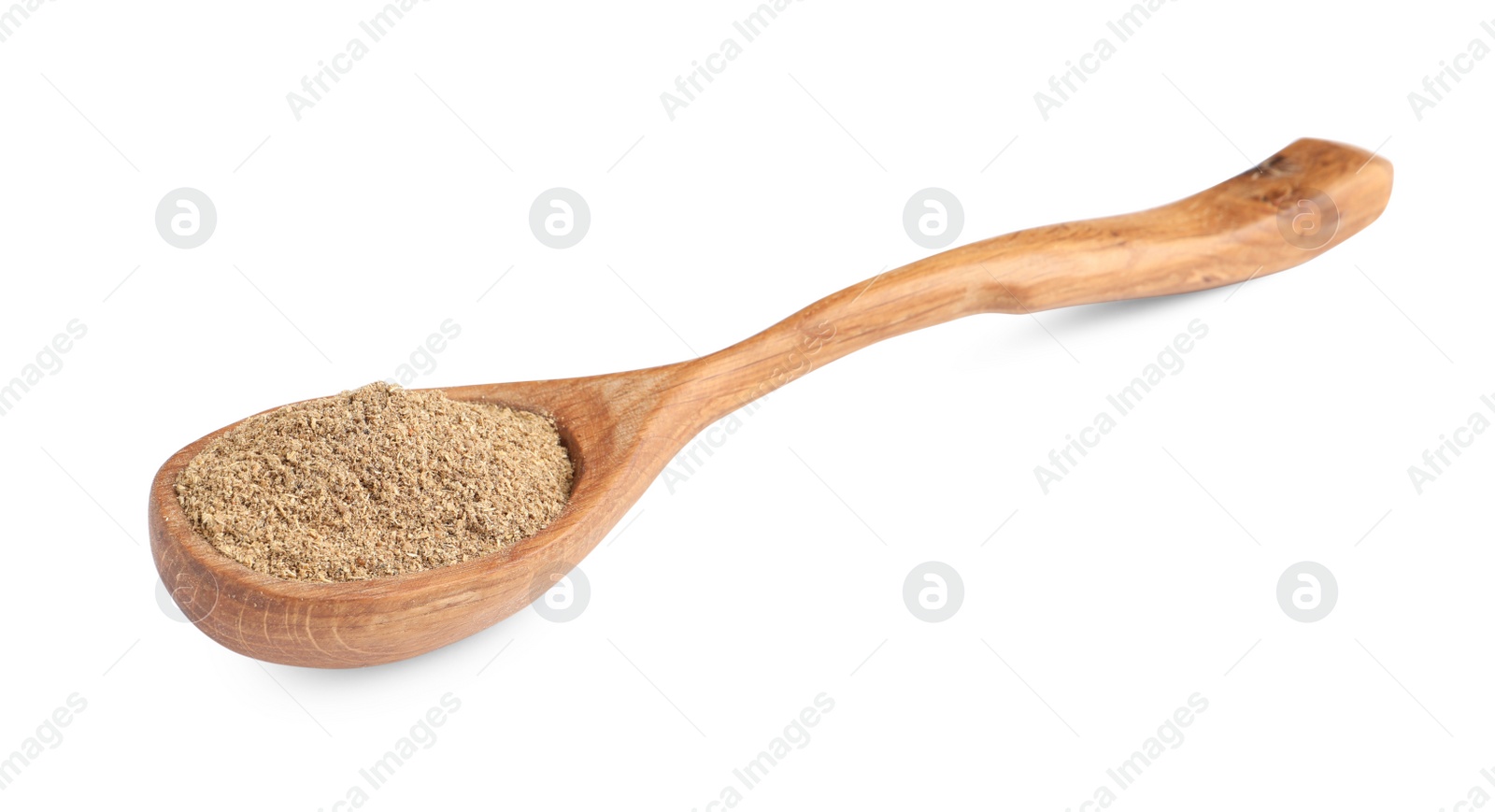 Photo of Wooden spoon with powdered coriander on white background