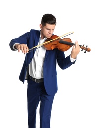 Man playing wooden violin on white background
