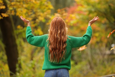 Autumn vibes. Woman throwing leaves up in park, back view