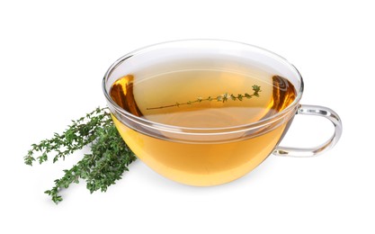 Photo of Cup of aromatic herbal tea and fresh thyme isolated on white