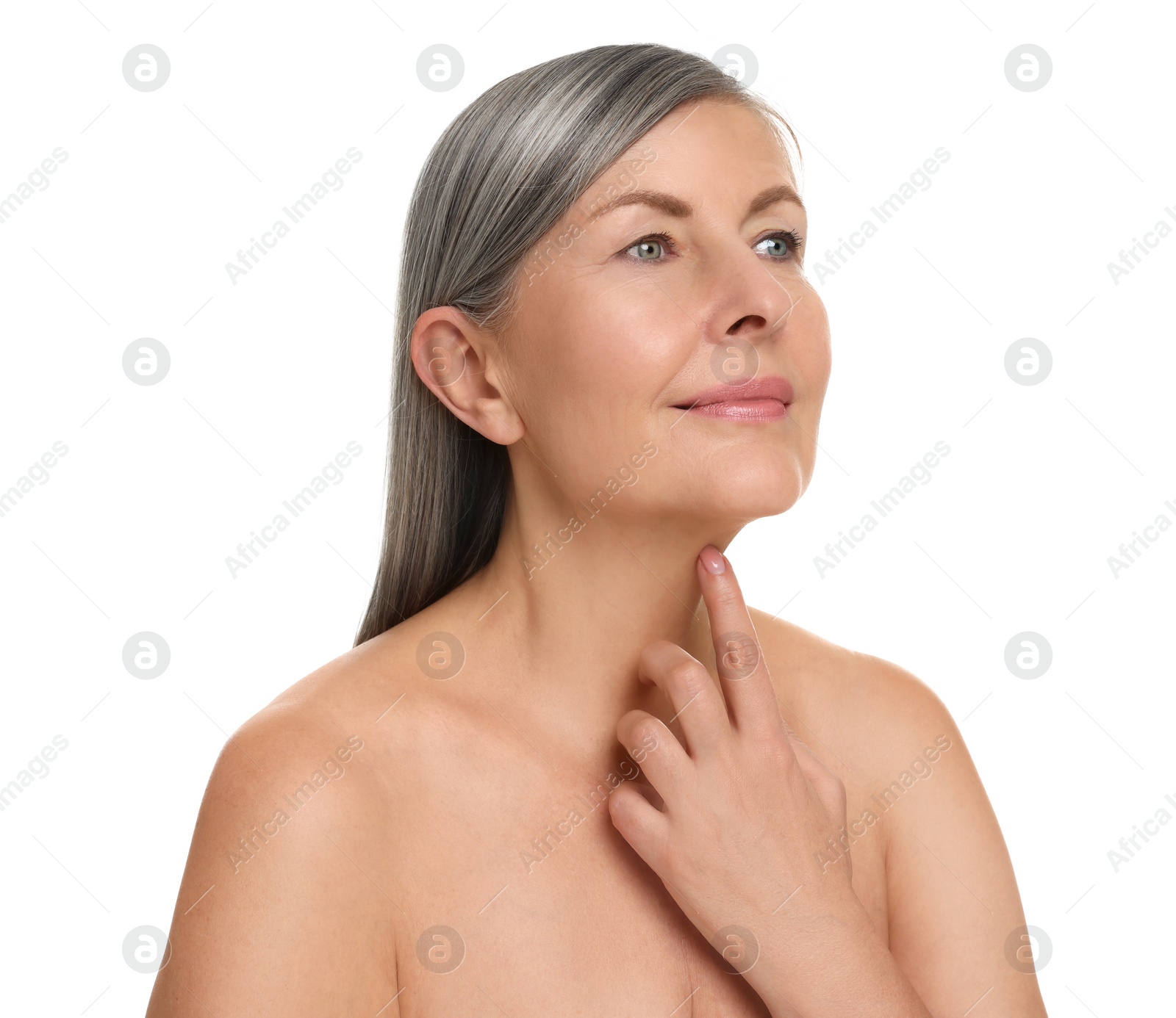 Photo of Beautiful woman touching her neck on white background