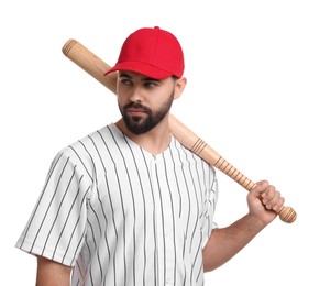 Man in stylish red baseball cap holding bat on white background