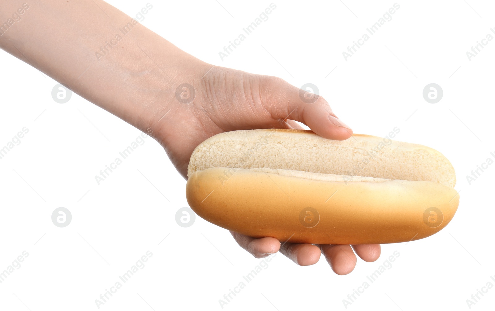 Photo of Woman with fresh hot dog bun on white background, closeup