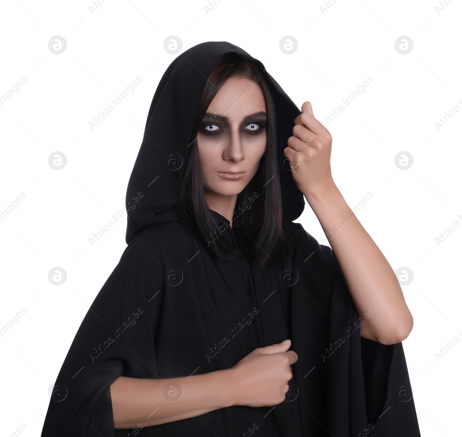 Photo of Mysterious witch with spooky eyes on white background